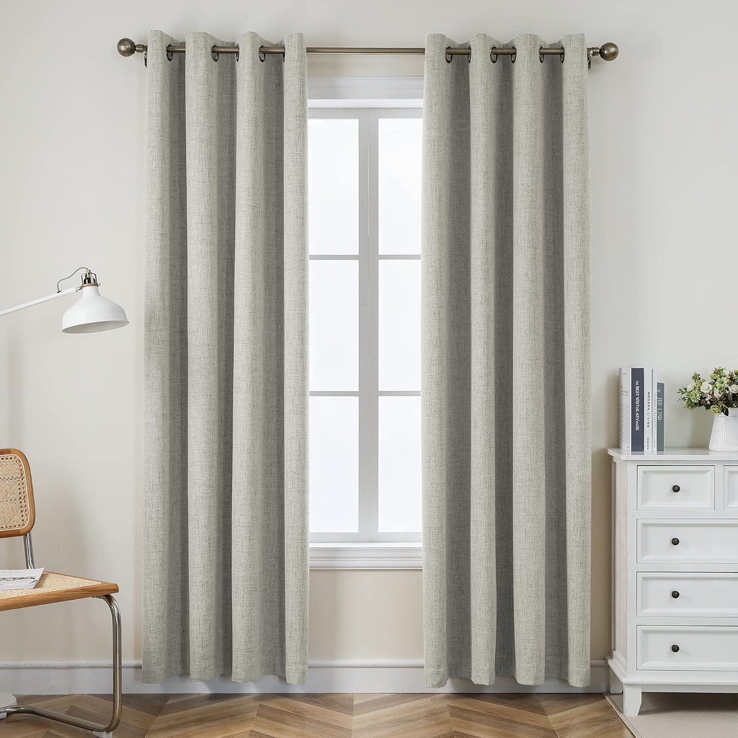 CUCRAF Full Blackout Window Curtains 84 Inches Long,Faux Linen Look Thermal Insulated Grommet Drapes Panels for Bedroom Living Room,Set of 2(52 X 84 Inches, Light Khaki)  CUCRAF Light Beige 52 X 108 Inches 