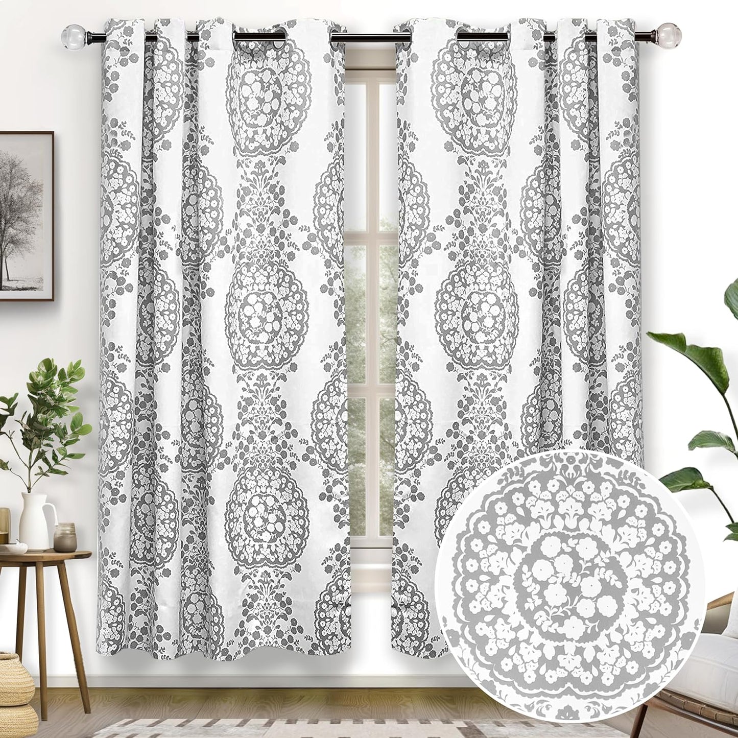 Driftaway Damask Curtains for Kitchen Bathroom Laundry Room Small Windows Floral Damask Medallion Patterned Adjustable Tie up Curtain Single 45 Inch by 63 Inch Dusty Blue  DriftAway Grey (15)52"X63"(Curtains) 