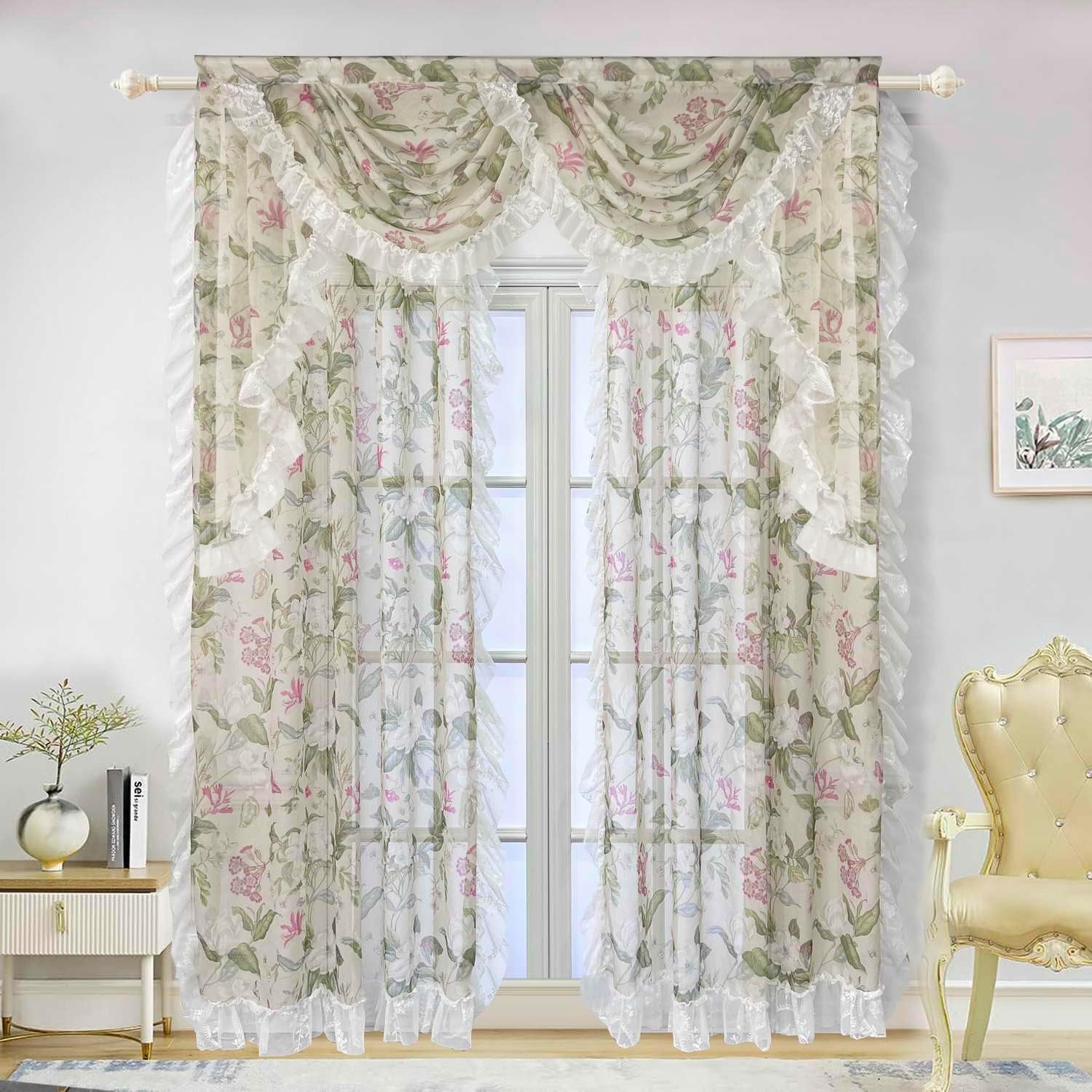 Elegant Floral Sheer Swag Valance with Lace Ruffles Luxury Beige Printed Sheer Valance for Living Room Bedroom Rod Pocket Top 1 Panel (Beige,W118 Inch)