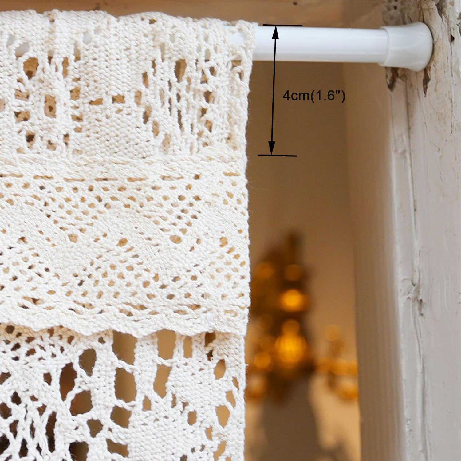 Boho Crochet Curtain Valance for Kitchen Window Retro Rustic Cotton Lace Sheer Short Curtains Farmhouse Vintage Rod Pocket with Tassels for Bathroom Cafe Decor,1 Panel 22"×16"