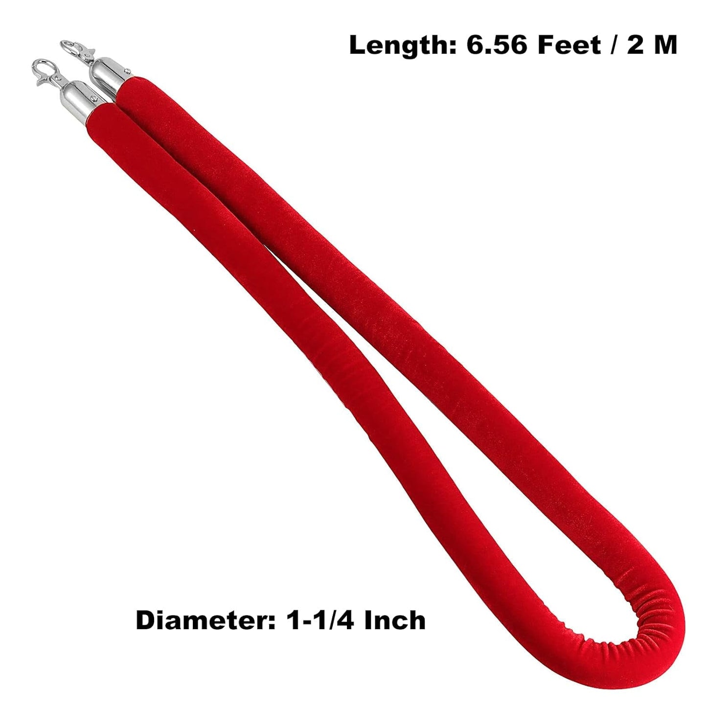 4 Pack 6.6 Feet 1-1/4 Inch Dia. Red Velvet Rope with Stainless Steel Silver Hooks, Premium Crowd Control Stanchion Rope for Hotels, Cinemas, Theaters, Opening Ceremony and Concert Venues