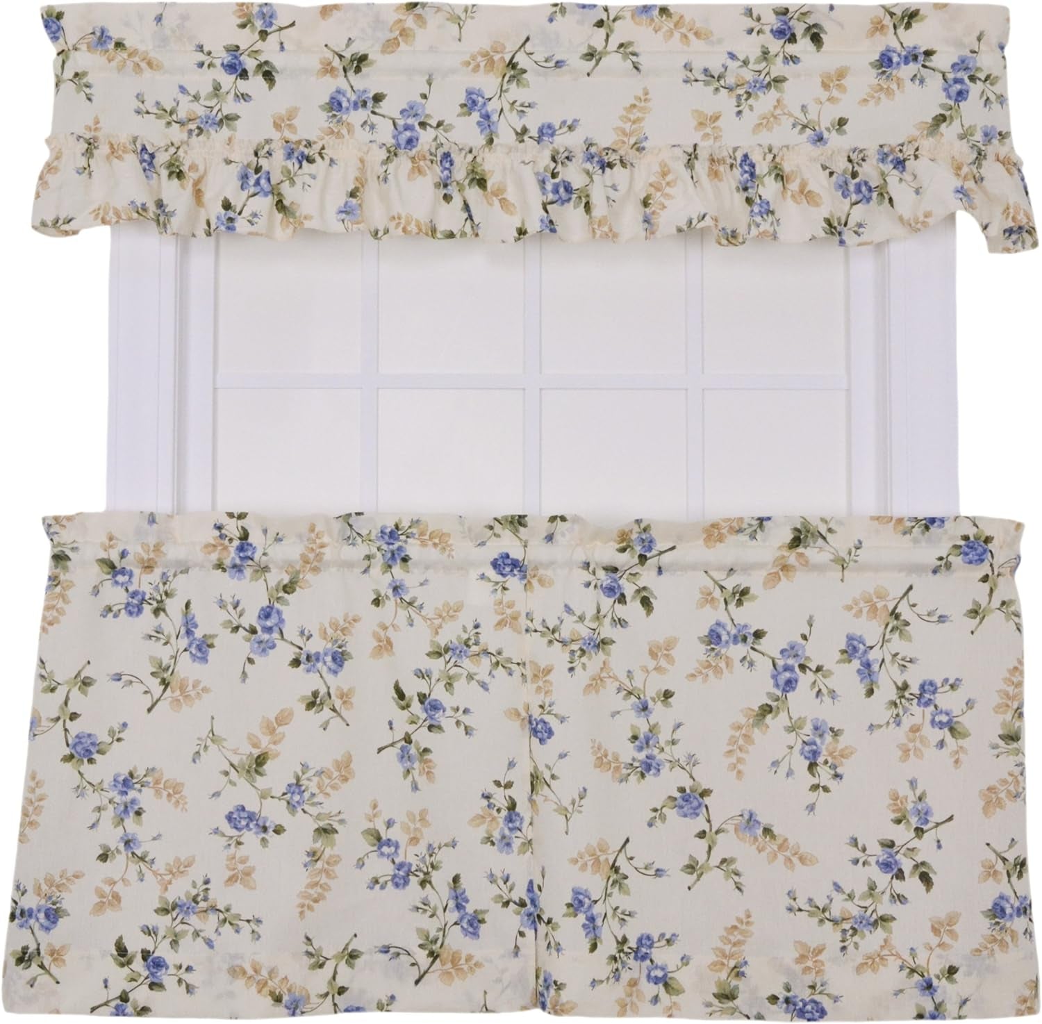 Ellis Curtain Kitchen Collection Willow Floral Ruffled Valance, Blue