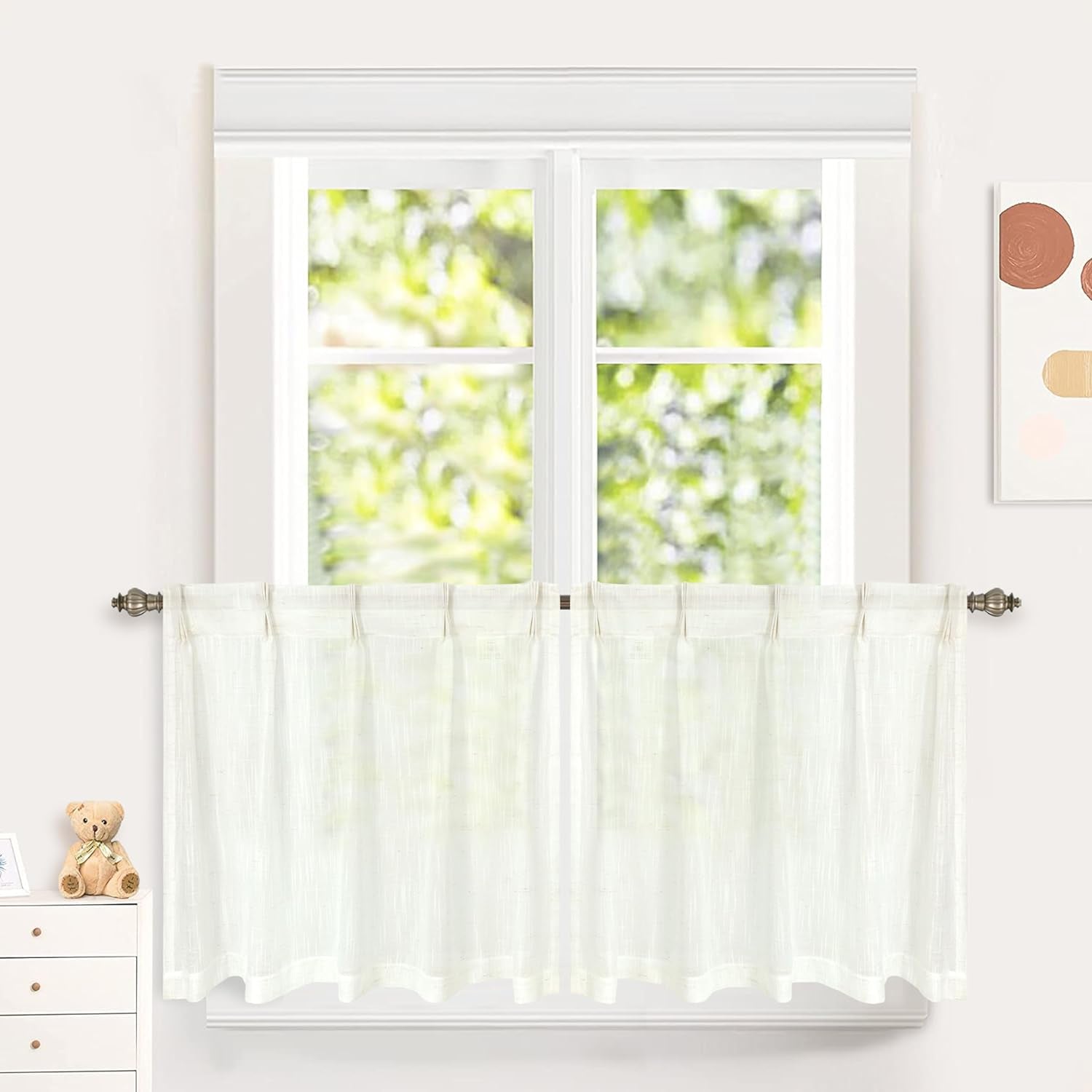 Driftaway Pinch Pleat Kitchen Curtains Linen Textured Short Linen Curtains for Bathroom Laundry Room Cafe Curtains Half Window Curtains 2 Panels Farmhouse Rustic Back Tabs 30 X 36 Inches Ivory Birch  DriftAway Ivory Birch 30"X24" 