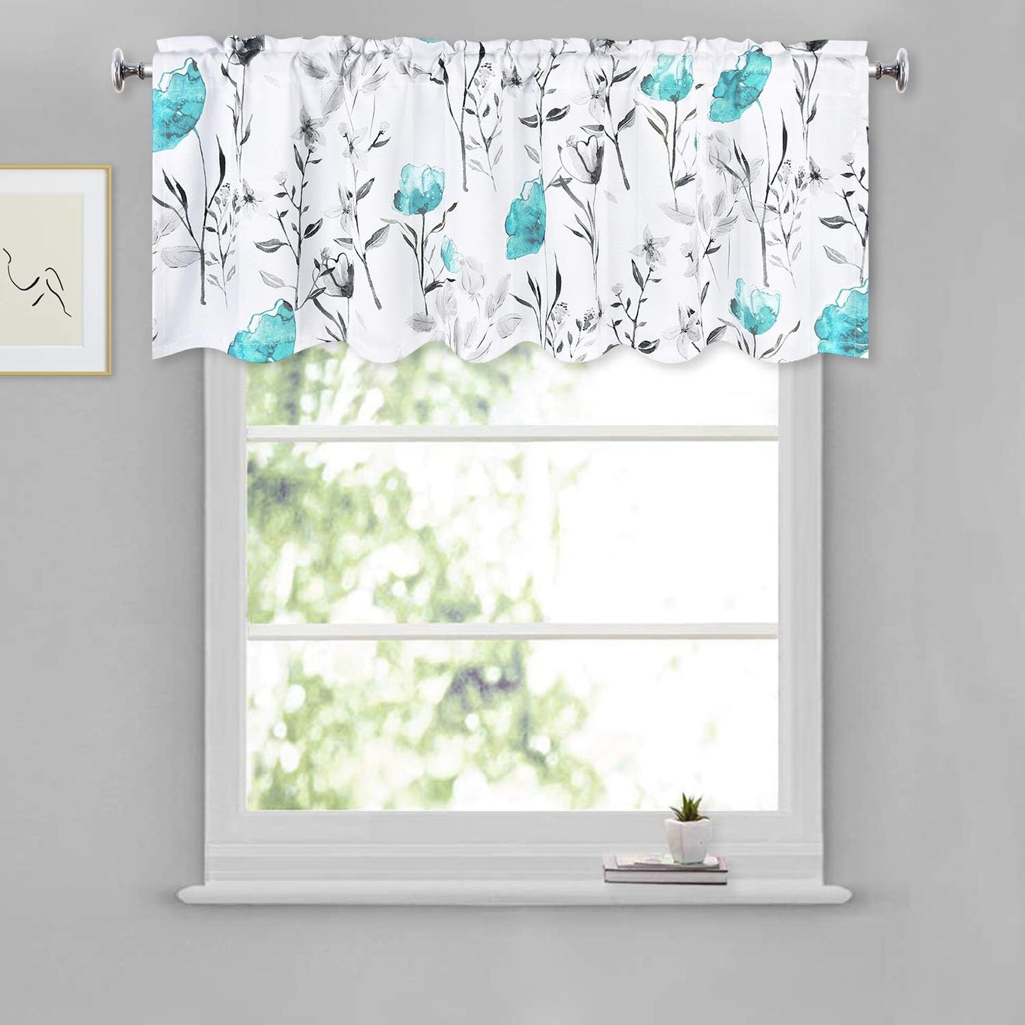 Likiyol Floral Kithchen Curtains 36 Inch Watercolor Flower Leaves Tier Curtains, Yellow and Gray Floral Cafe Curtains, Rod Pocket Small Window Curtain for Cafe Bathroom Bedroom Drapes  Likiyol Teal 18"L X 52"W 