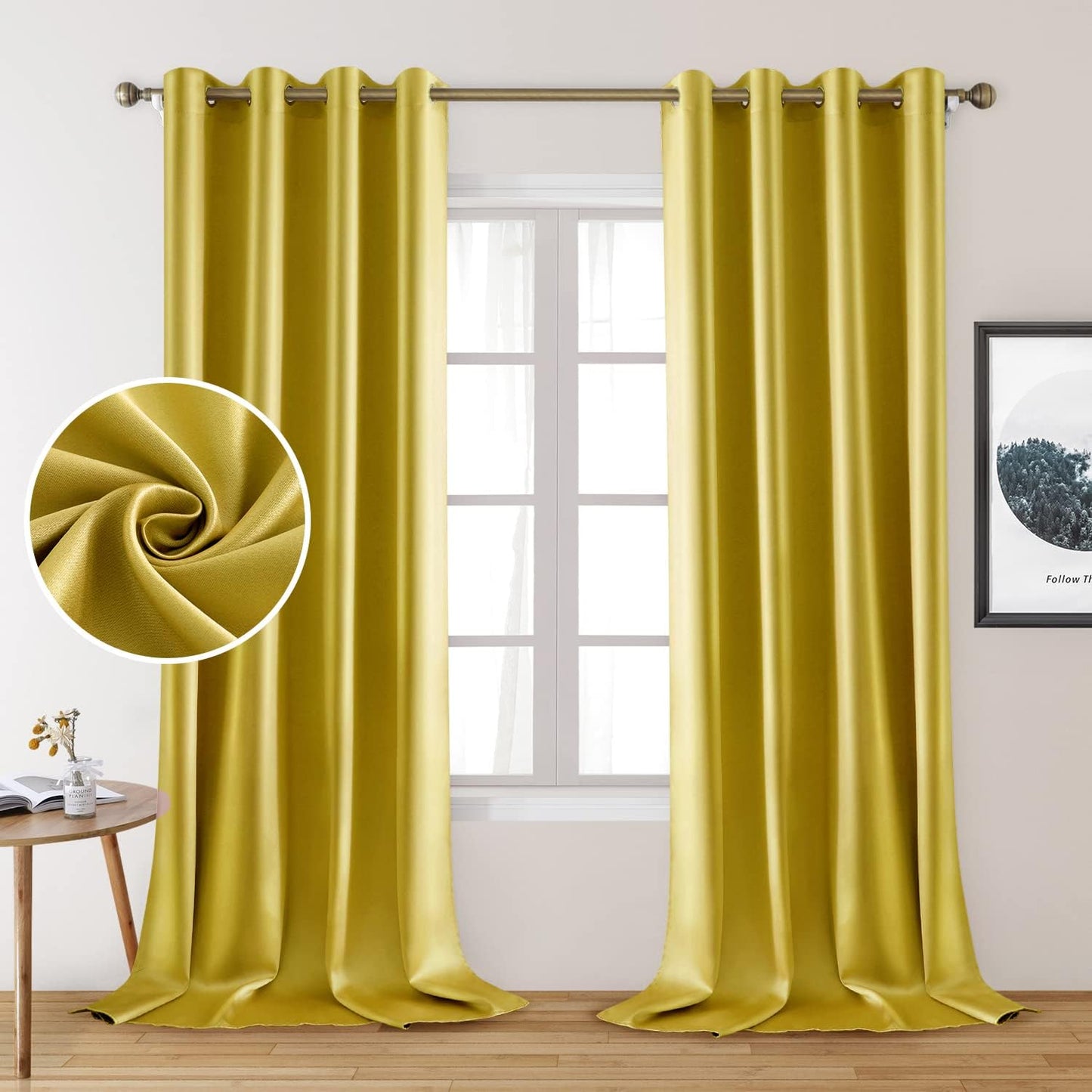 HOMEIDEAS Gold Blackout Curtains, Faux Silk for Bedroom 52 X 84 Inch Room Darkening Satin Thermal Insulated Drapes for Window, Indoor, Living Room, 2 Panels  HOMEIDEAS Mustard Yellow 52" X 108" 
