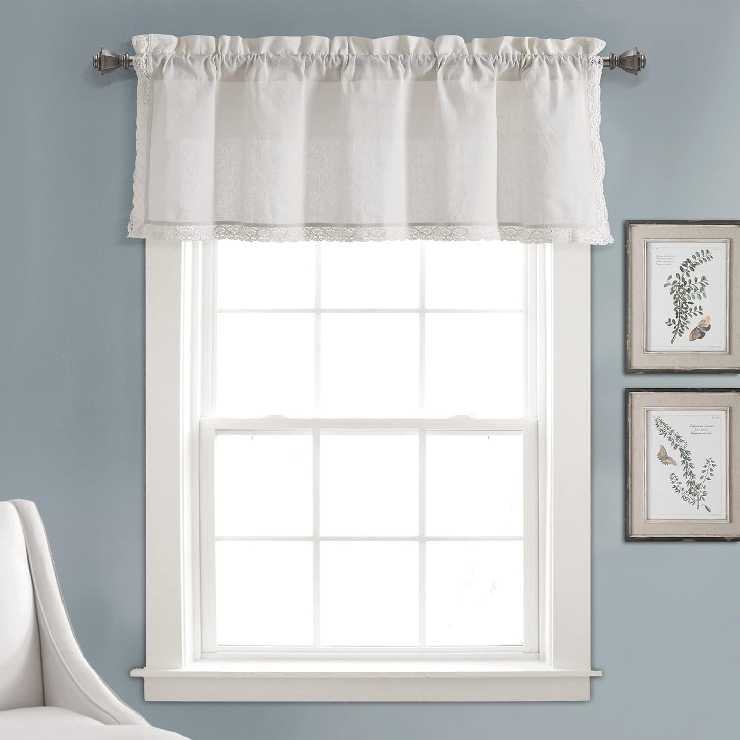Lush Decor Rosalie Light Filtering Window Curtain Panel Set- Pair- Vintage Farmhouse & French Country Style Curtains - Timeless Dreamy Drape - Romantic Lace Trim - 54" W X 84" L, White  Triangle Home Fashions White Valance Valanace