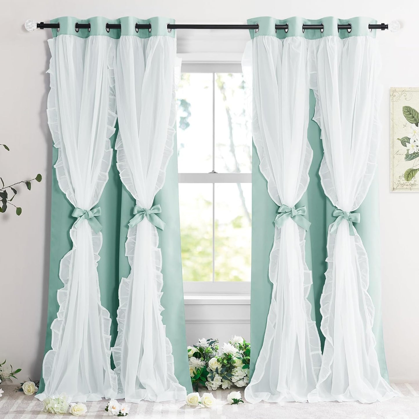PONY DANCE Blackout Curtains for Living Room Decor Window Treatment Double Layer Drapes Ruffle Sheer Overlay Farmhouse Rustic Design, W 52 X L 84 Inches, Sage Green, 2 Panels  PONY DANCE Mint Green 52" X 84" 