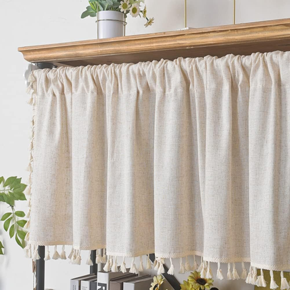 Curtain Tiers, Lace Valance Window Topper Curtain with Tassels, Short Window Curtains for Cafe, Bathroom, Kitchen, Farmhouse, Bedroom Rod Pocket Curtains 1 Panel Beige