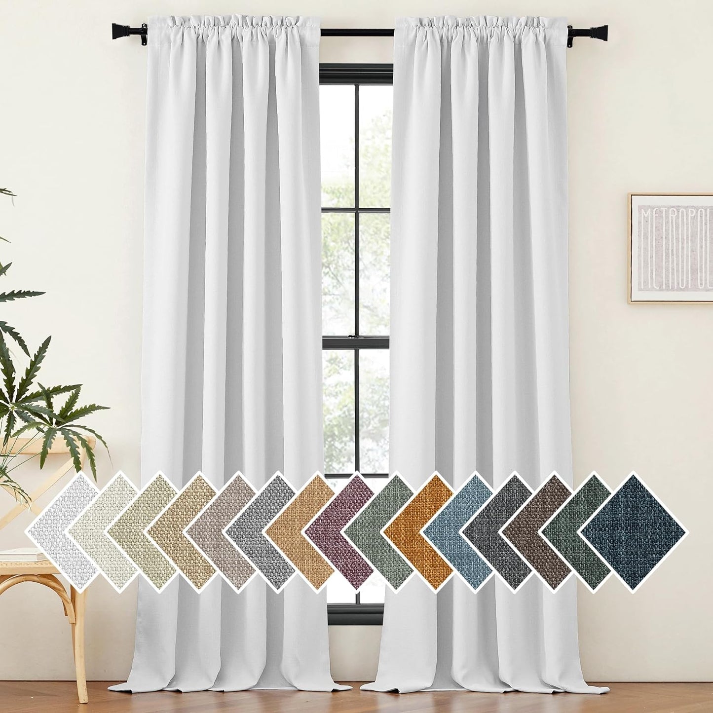 NICETOWN Faux Linen Room Darkening Curtains & Drapes for Living Room, Dual Rod Pockets & Hook Belt Heat/Light Blocking Window Treatments Thermal Drapes for Bedroom, Angora, W52 X L84, 2 Panels  NICETOWN Greyish White W52 X L84 