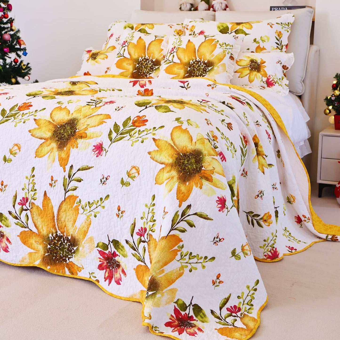 EVENHUG 100% Cotton Quilt Queen Size Orange Sunflower Bedding Set Floral Lightweight Quilt Reversible Coverlet Bedspread with 2 Pillow Shams All Seasons 3 Pieces (92"X96")