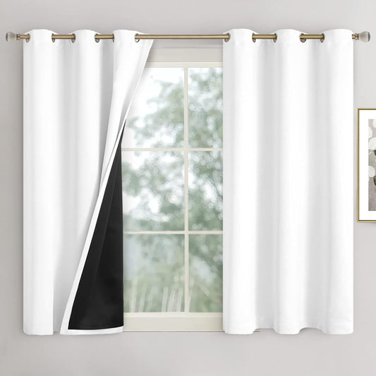 QUEMAS Short Blackout Curtains 54 Inch Length 2 Panels, 100% Light Blocking Thermal Insulated Soundproof Grommet Small Window Curtains for Bedroom Basement with Black Liner, Each 42 Inch Wide, White  QUEMAS White + Black Lining W42 X L45 
