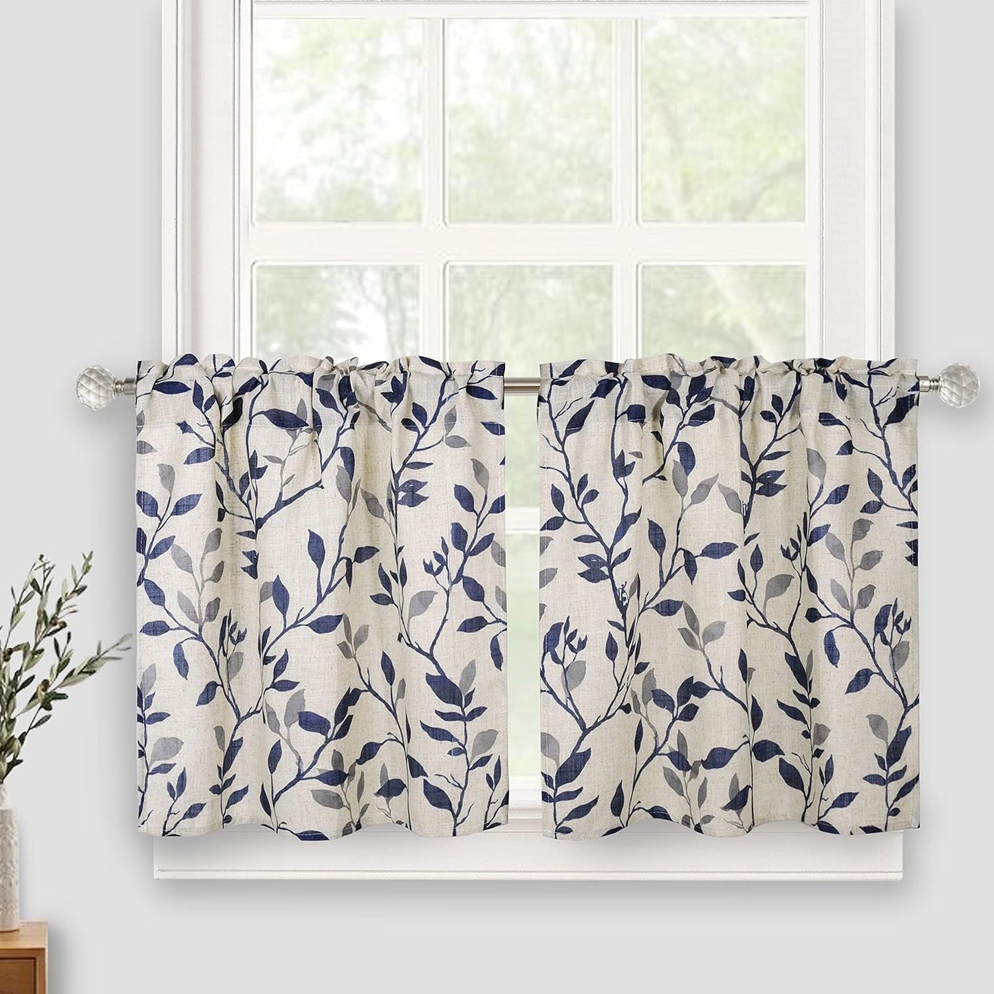 Linen Kitchen Valance, Tree Leaves Printed Window Curtain Valances for Bathroom Bedroom Living Room Farmhouse Decor Rod Pocket Short Cafe Curtains 54 by 14 Inches Gray