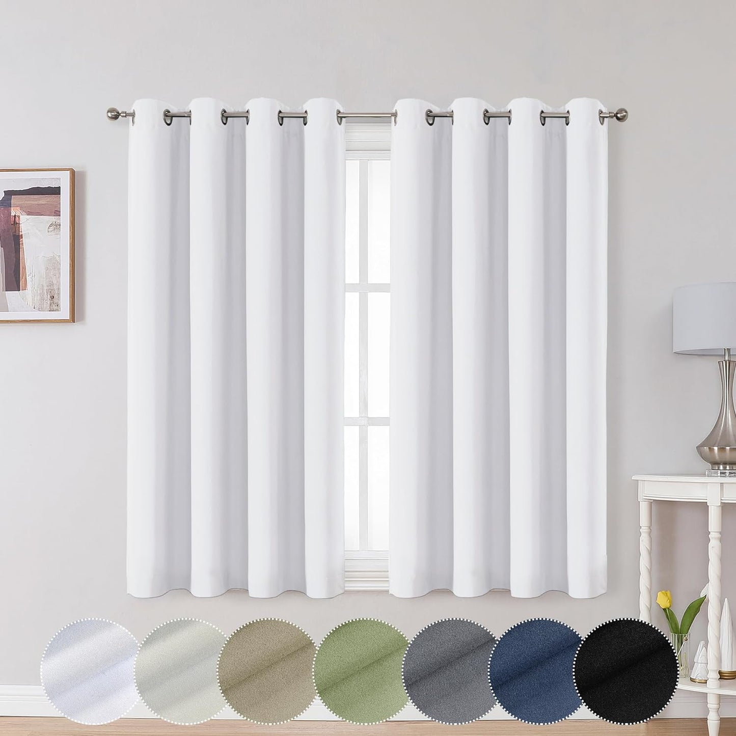 OWENIE Maya 100% Blackout Curtains 84 Inch Length 2 Panels Set, Greyish White Solid Heavy Thermal Insulated Grommets Curtains for Bedroom & Living Room, 2 Panels (Each 52 W X 84 L,Greyish White)  OWENIE Greyish White 52W X 45L 