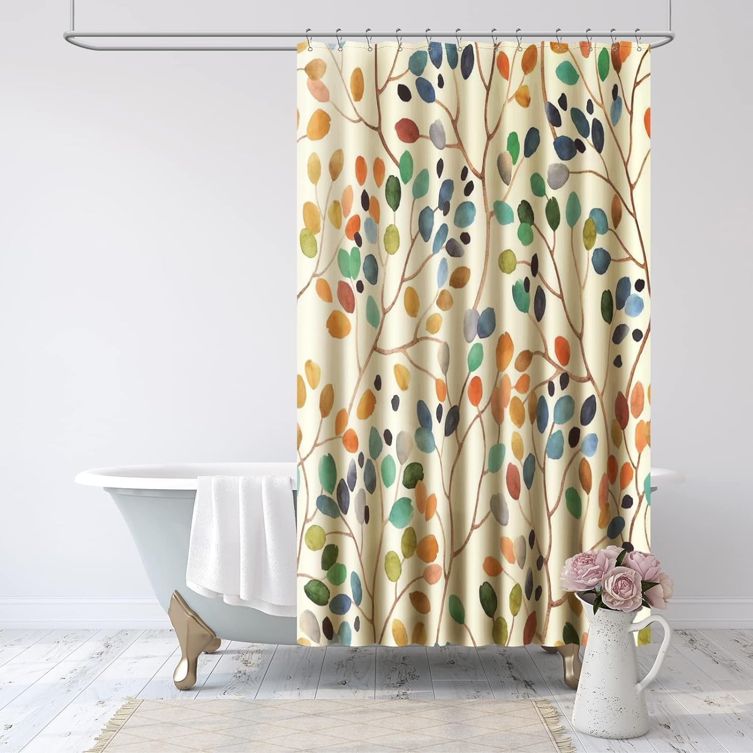 Floral Shower Curtain for Bathroom, Colorful Leaves Curtain Bathroom Decoration, Shower Curtain Set with Curtain Hooks