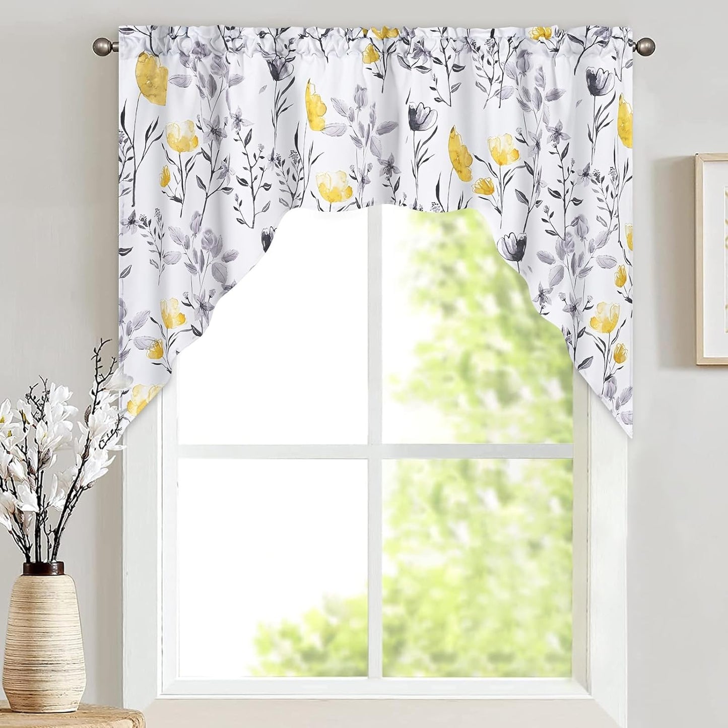 Likiyol Floral Kithchen Curtains 36 Inch Watercolor Flower Leaves Tier Curtains, Yellow and Gray Floral Cafe Curtains, Rod Pocket Small Window Curtain for Cafe Bathroom Bedroom Drapes  Likiyol Yellow 36"L X 60"W 