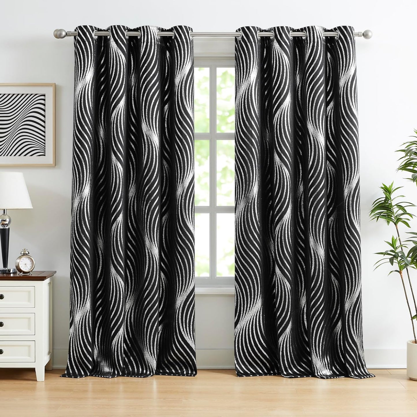 Xwincel Full Blackout Curtains with Silver Metallic Wave Print,84 Inches Long Thermal Insulated Sound Proof Window Treatments for Living Room Bedroom, Grommets Top Design,White,52W X 84L,2 Panel Sets  Xwincel Black 52"X84"X2 