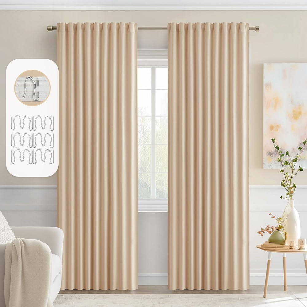 MIULEE 2 Panels Back Tab Blackout Curtains 96 Inch Long for Living Room Bedroom, Black Rod Pocket/Pinch Pleated Thermal Insulated Room Darkening Light Blocking Floor to Ceiling Curtains/Drapes  MIULEE Beige W52" X L90" 