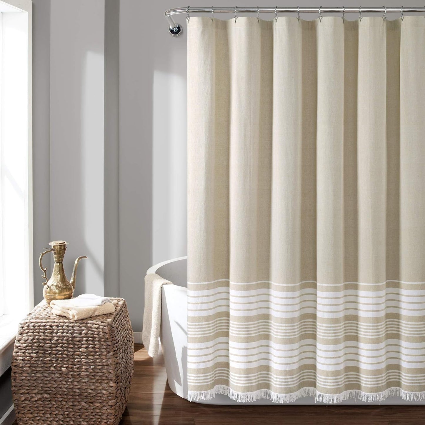 Lush Decor, Navy Nantucket Yarn Dyed Cotton Tassel Fringe Shower Curtain, 72" X 72", 72" X 72