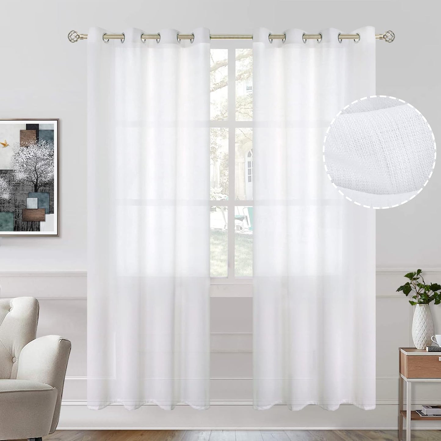 Bgment Natural Linen Look Semi Sheer Curtains for Bedroom, 52 X 54 Inch White Grommet Light Filtering Casual Textured Privacy Curtains for Bay Window, 2 Panels  BGment White 52W X 72L 