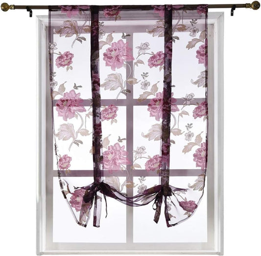 NAPEARL Sheer Tie up Curtains for Kitchen Window, Ajustable Rod Pocket Curtain Valance with Floral Pattern, Balloon Curtains for Bathroom Living Room, 1 Piece (42W X 63 L, Purple)