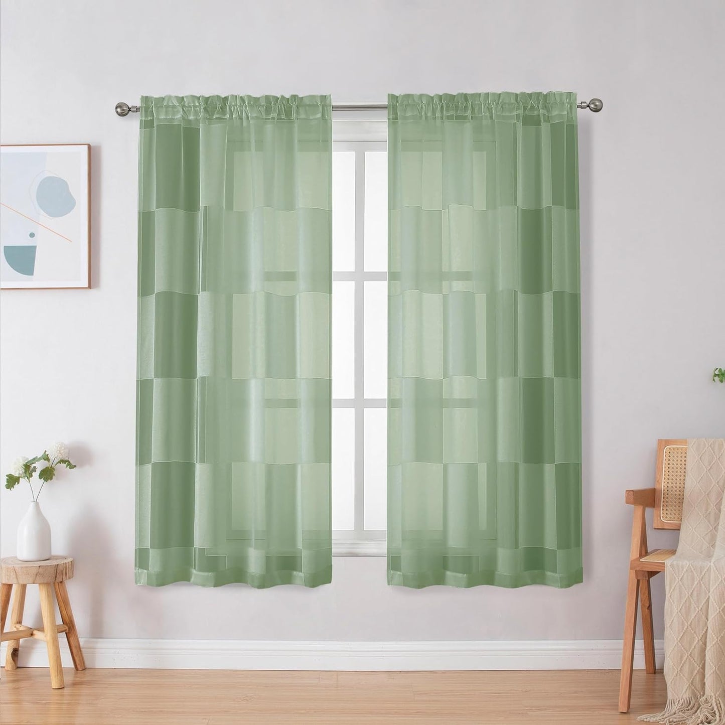 OVZME Sage Green Sheer Bedroom Curtains 84 Inch Length 2 Panels Set, Dual Rod Pocket Clip Checkered Window Curtains for Living Room, Light Filtering & Privacy Sheer Green Drapes, Each 42W X 84L  OVZME Sage Green 42W X 63L 