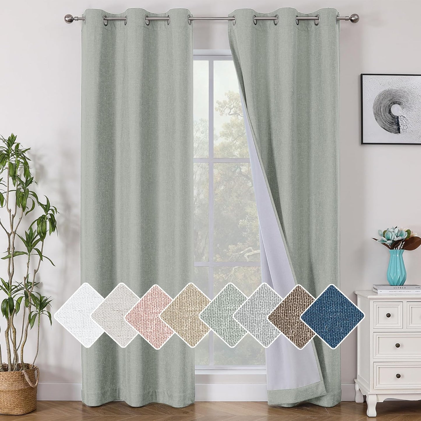 Jenny Ivory Beige Textured Linen 100% Blackout Curtains 63 Inch Length 2 Panels, Energy Saving Window Treatment Heavy Curtain Drapes for Bedroom/Living Room, Burlap Fabric Curtains, 38W  Simplebrand Sea Green 38"W X 96"L 