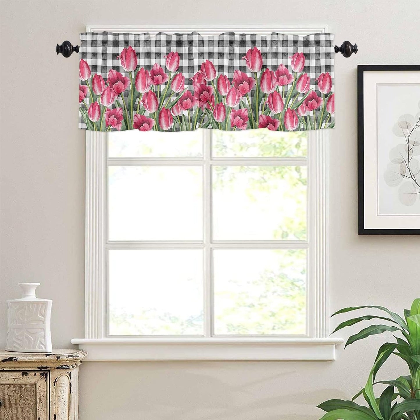 Curtain Valance for Window Watercolor Pink Tulip Black White Buffalo Plaid Rod Pocket Valance Drapes Window Treatment for Kitchen Living Room Bedroom Holiday Decoration 54X18Inch