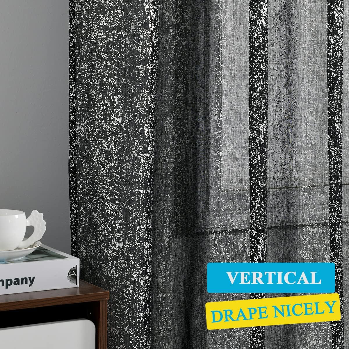 TERLYTEX Black and Silver Curtains 72 Inch Length - Metallic Silver Foil Spray Dots Glitter Sheer Curtains for Living Room, Privacy Sparkle Curtains for Windows, 52 X 72 Inch, 2 Panels, Black Silver  TERLYTEX   
