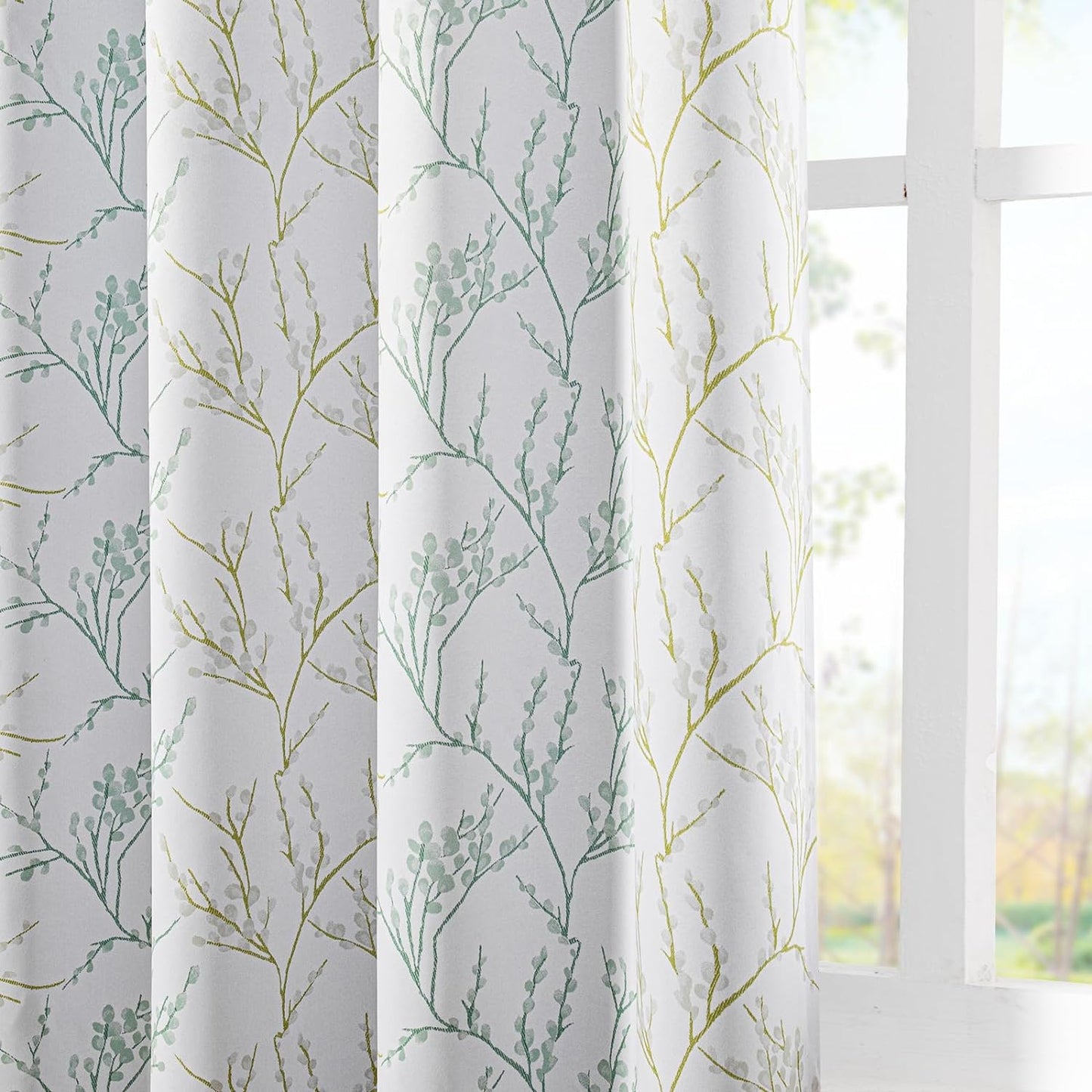 MYSKY HOME Living Room Curtains 84 Inches Long Thermal Insulated Room Darkening Curtains for Dining Room Patio Leaf Pattern Grommet Drapes for Bedroom, Sage, 2 Pieces  MYSKY HOME Branch-Green 52"W X 84"L 