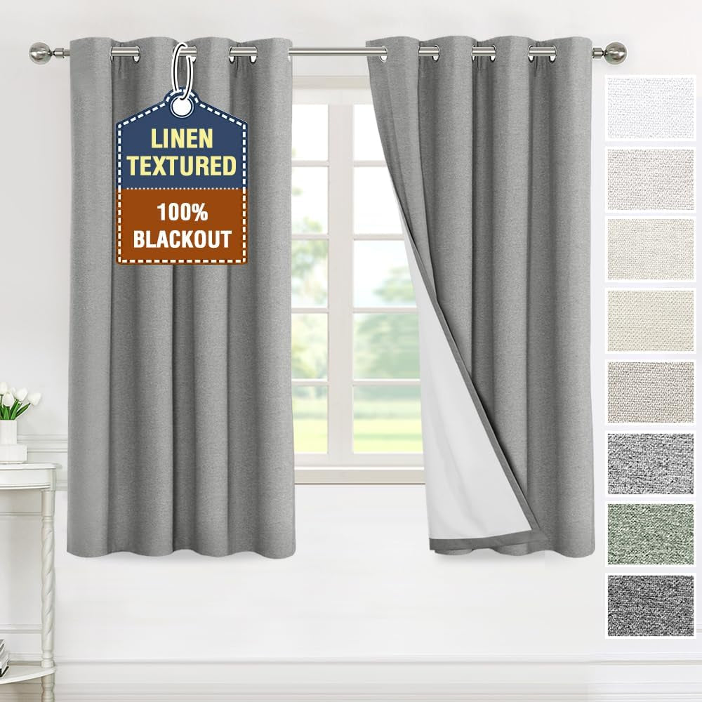 H.VERSAILTEX Linen Curtains Grommeted Total Blackout Window Draperies with Linen Feel, Thermal Liner for Energy Saving 100% Blackout Curtains for Bedroom 2 Panel Sets, 52X96 Inch, Ultimate Gray  H.VERSAILTEX Ultimate Gray 52"W X 63"L 