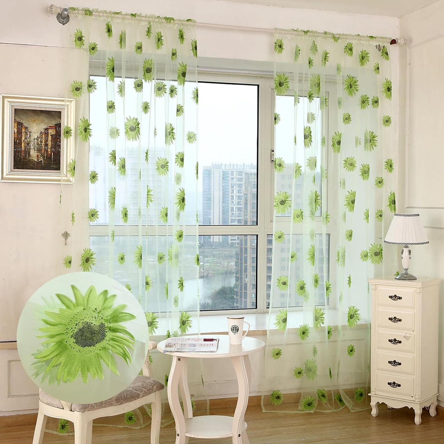 Ufurty Rely2016 Sunflower Window Curtain, 2PCS Sun Flower Floral Voile Sheer Curtain Panels Tulle Room Salix Leaf Sheer Gauze Curtain for Living Room, Bedroom, Balcony - Rod Pocket Top (100 X 200)  Rely2016 Green Flower 100*200Cm 