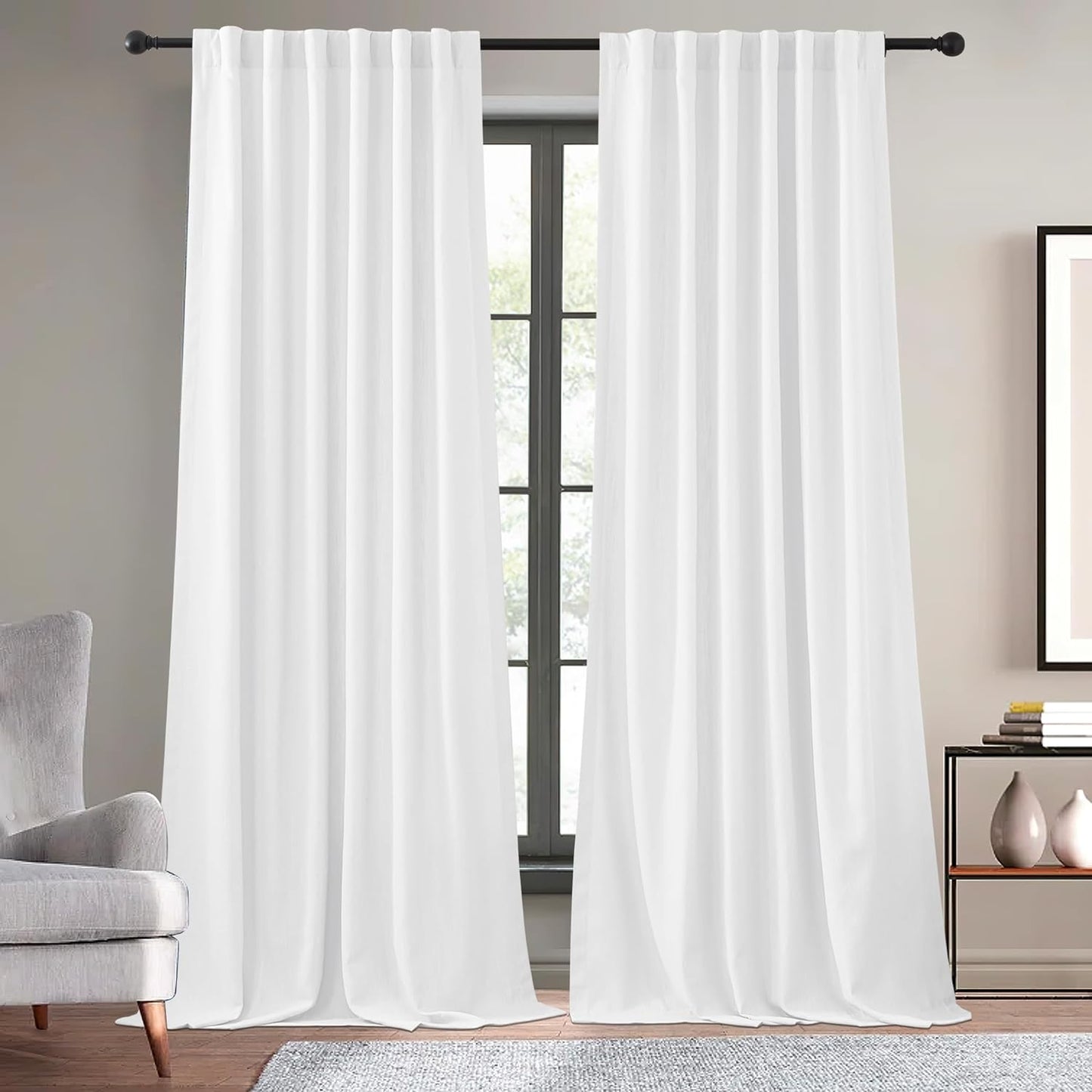 KGORGE Thick Faux Linen Weave Textured Curtains for Bedroom Light Filtering Semi Sheer Curtains Farmhouse Decor Pinch Pleated Window Drapes for Living Room, Linen, W 52" X L 96", 2 Pcs  KGORGE Pure White W 52 X L 96 | Pair 