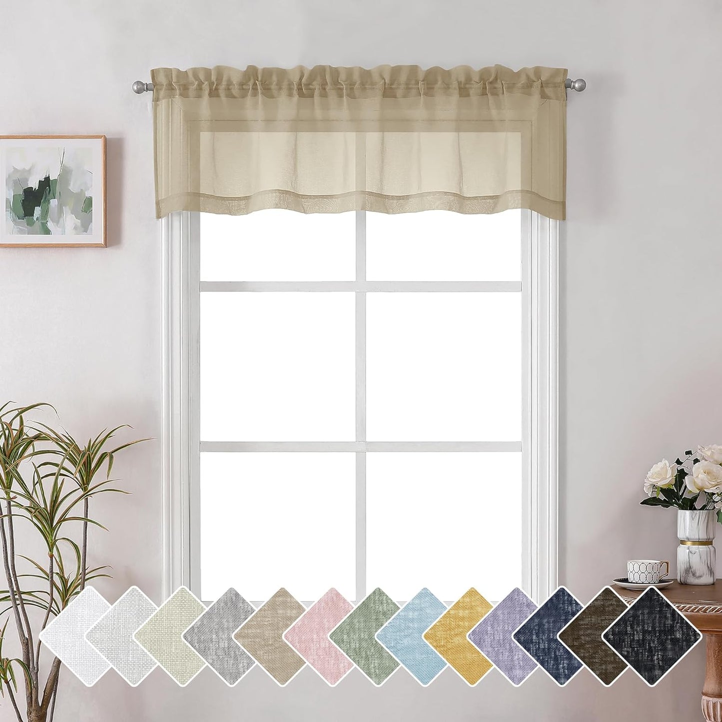 Lecloud Doris Faux Linen Sheer Grey Valance Curtains 14 Inches Length, Cafe Kitchen Bedroom Living Room Gauzy Silver Grey Curtain for Small Window, Slub Light Gray Valance Dual Rod Pockets 60X14 Inch  Lecloud Taupe 60 W X 14 L 