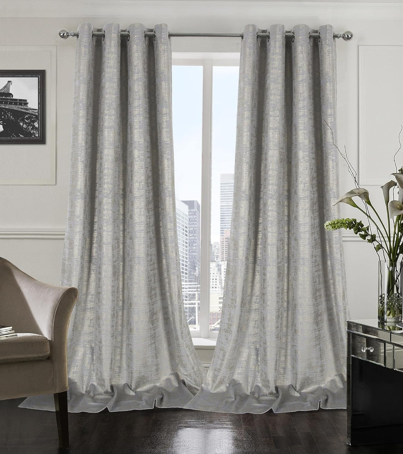 Always4U Soft Velvet Curtains 95 Inch Length Luxury Bedroom Curtains Gold Foil Print Window Curtains for Living Room 1 Panel White  always4u Silver (Gold Print) 2 Panels: 52''W*120''L 