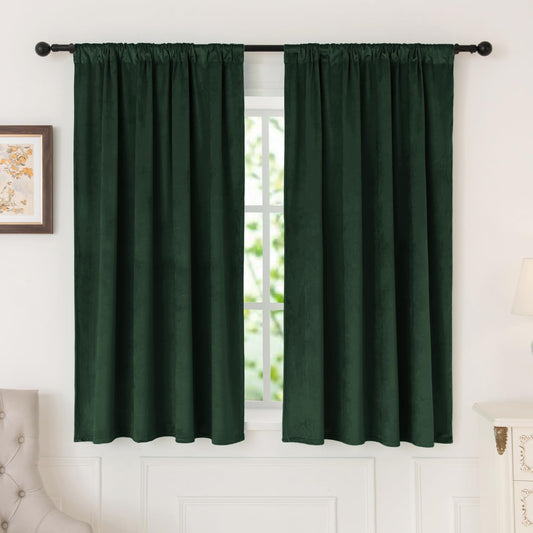 Nanbowang Green Velvet Curtains 63 Inches Long Dark Green Light Blocking Rod Pocket Window Curtain Panels Set of 2 Heat Insulated Curtains Thermal Curtain Panels for Bedroom  nanbowang Dark Green 42"X63" 