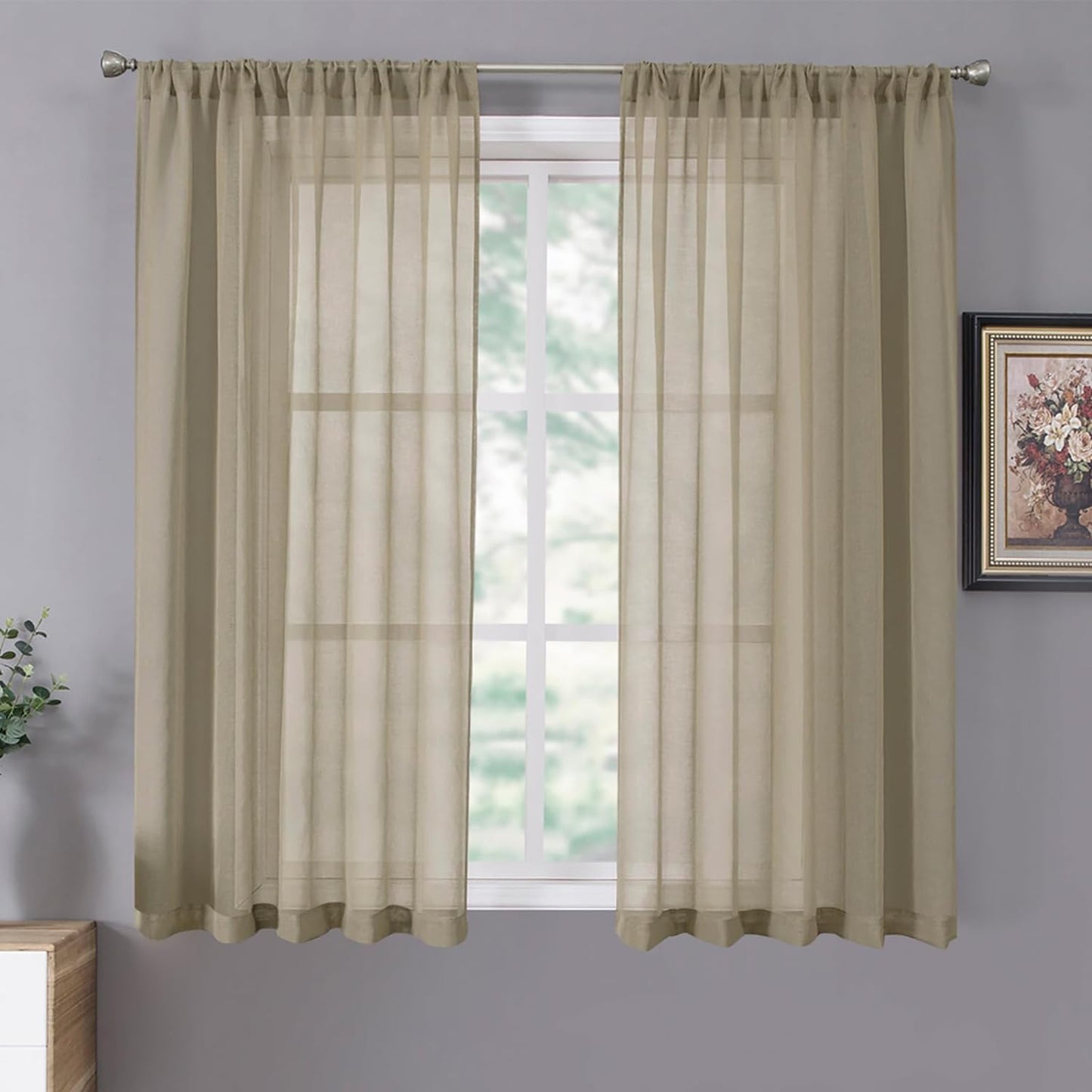 Tollpiz Short Sheer Curtains Linen Textured Bedroom Curtain Sheers Light Filtering Rod Pocket Voile Curtains for Living Room, 54 X 45 Inches Long, White, Set of 2 Panels  Tollpiz Tex Taos Taupe 42"W X 54"L 