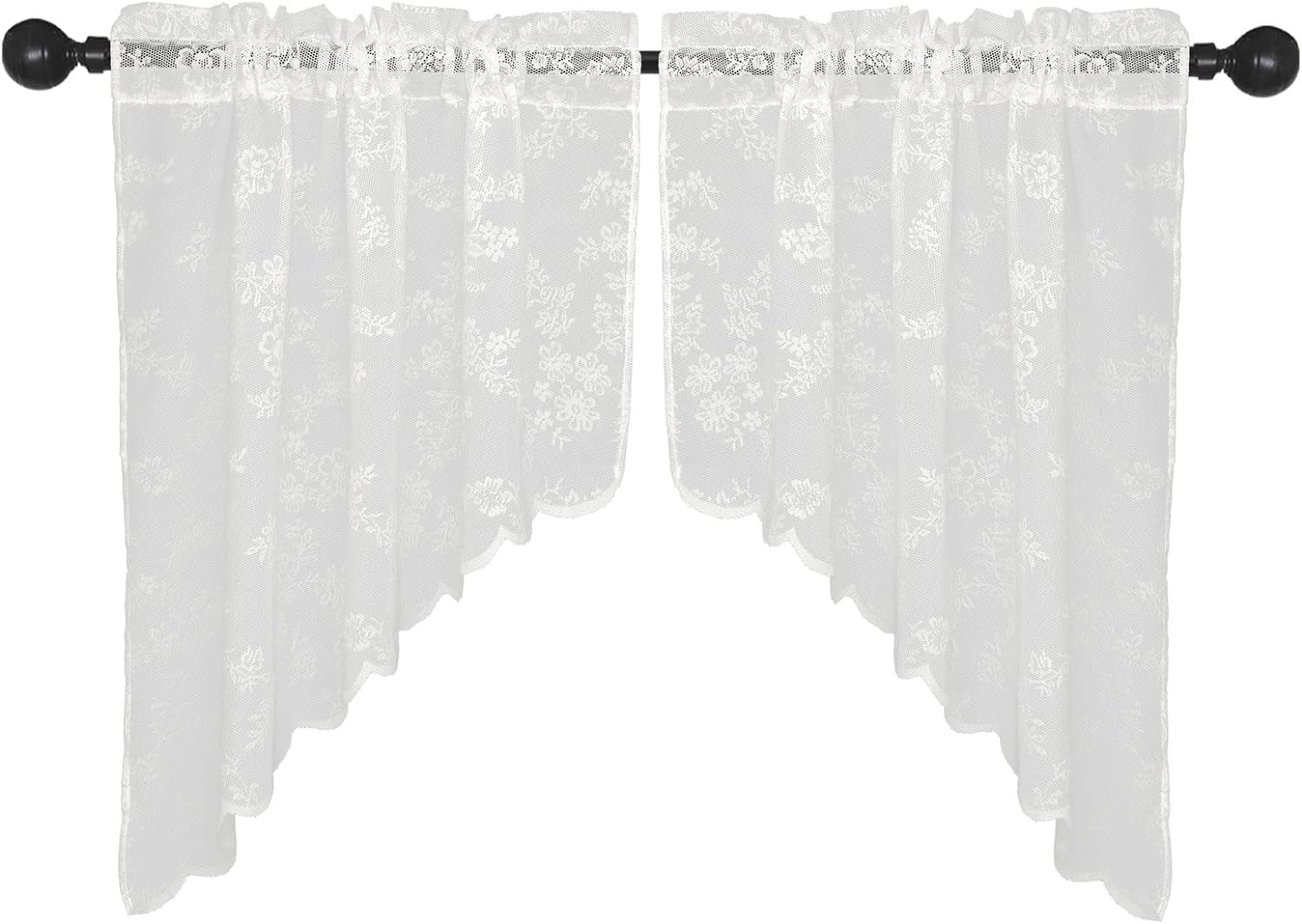 2 Pcs Floral Sheer Swag Curtains 36 Inches Length Rod Pocket Half Small Cafe Window Curtains White Retro Lace Swag Valance Kitchen Curtains, 36X36 Inches