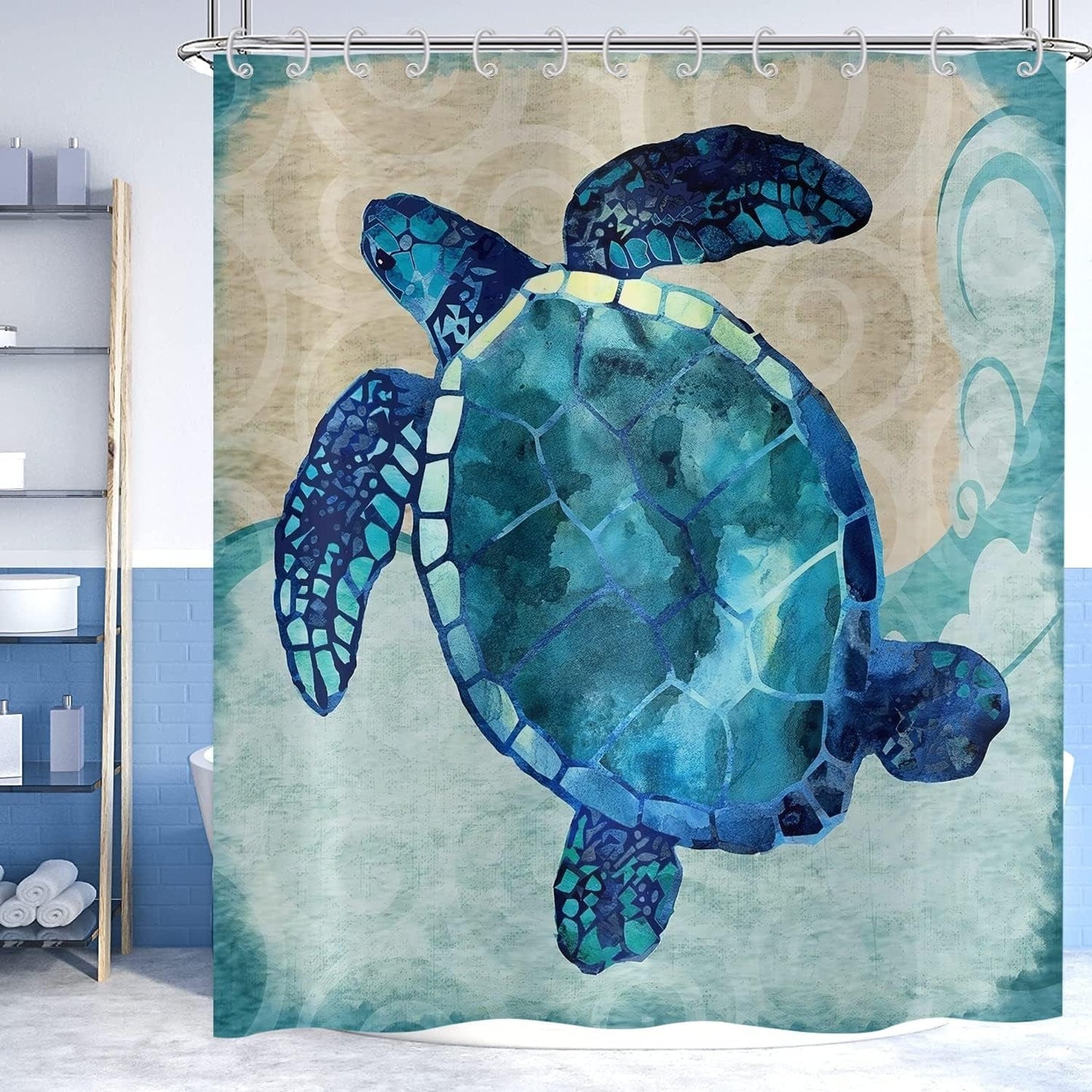 GCIREC Teal Sea Turtle Shower Curtain, Ocean Beach Theme Underwater Marine Animal Turtle Bathroom Curtain Waterproof Fabric Machine Washable with 12 Hooks