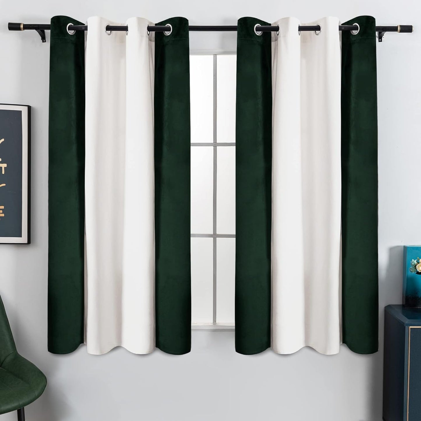 Victree Color Block Velvet Curtains for Bedroom, Patchwork Blackout Curtains 52 X 84 Inch Length - Room Darkening Sun Light Blocking Grommet Window Drapes for Living Room, 2 Panels, Black and White  Victree Dark Green/White 52 X 63 Inches 