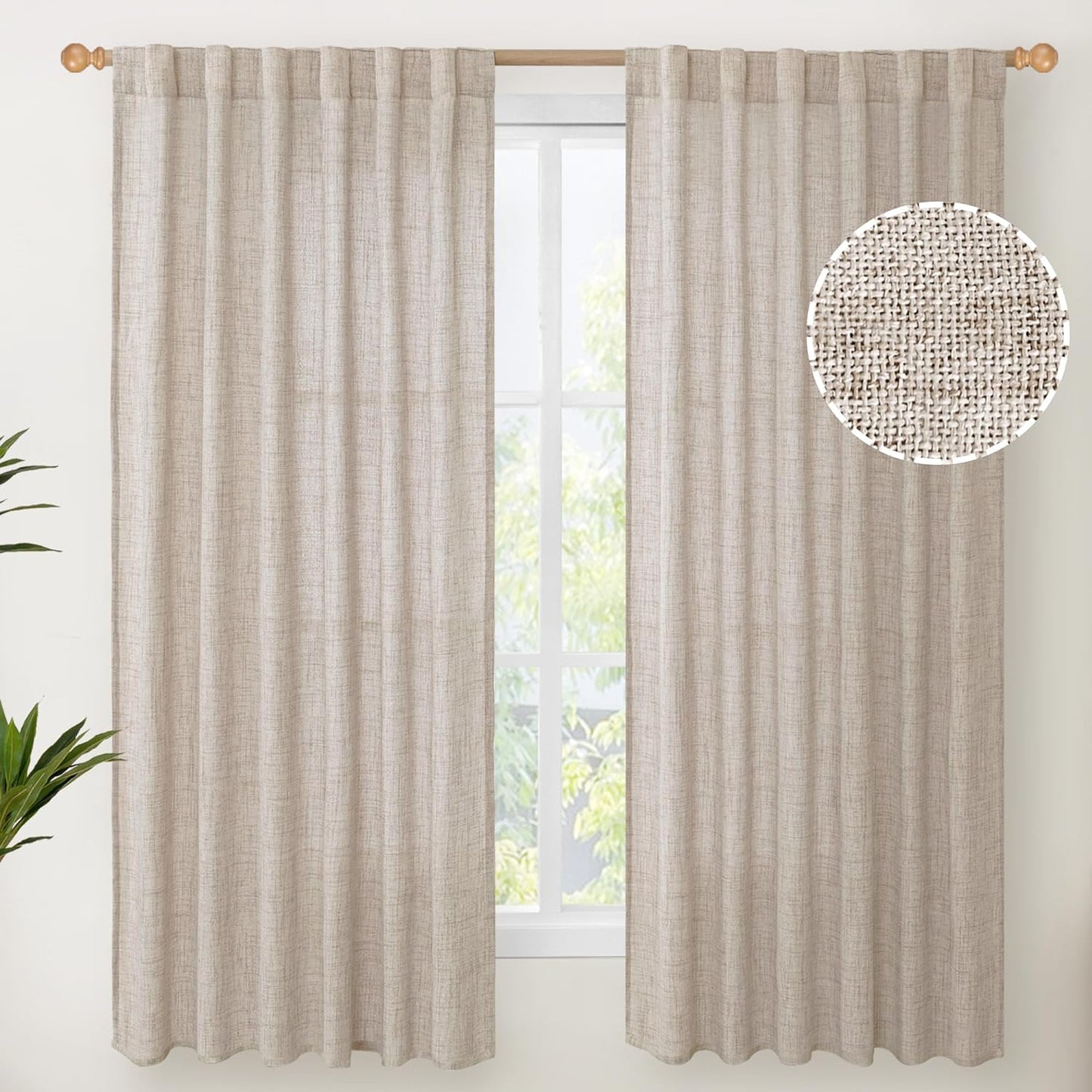 Youngstex Natural Linen Curtains 72 Inch Length 2 Panels for Living Room Light Filtering Textured Window Drapes for Bedroom Dining Office Back Tab Rod Pocket, 52 X 72 Inch  YoungsTex Natural 52W X 63L 
