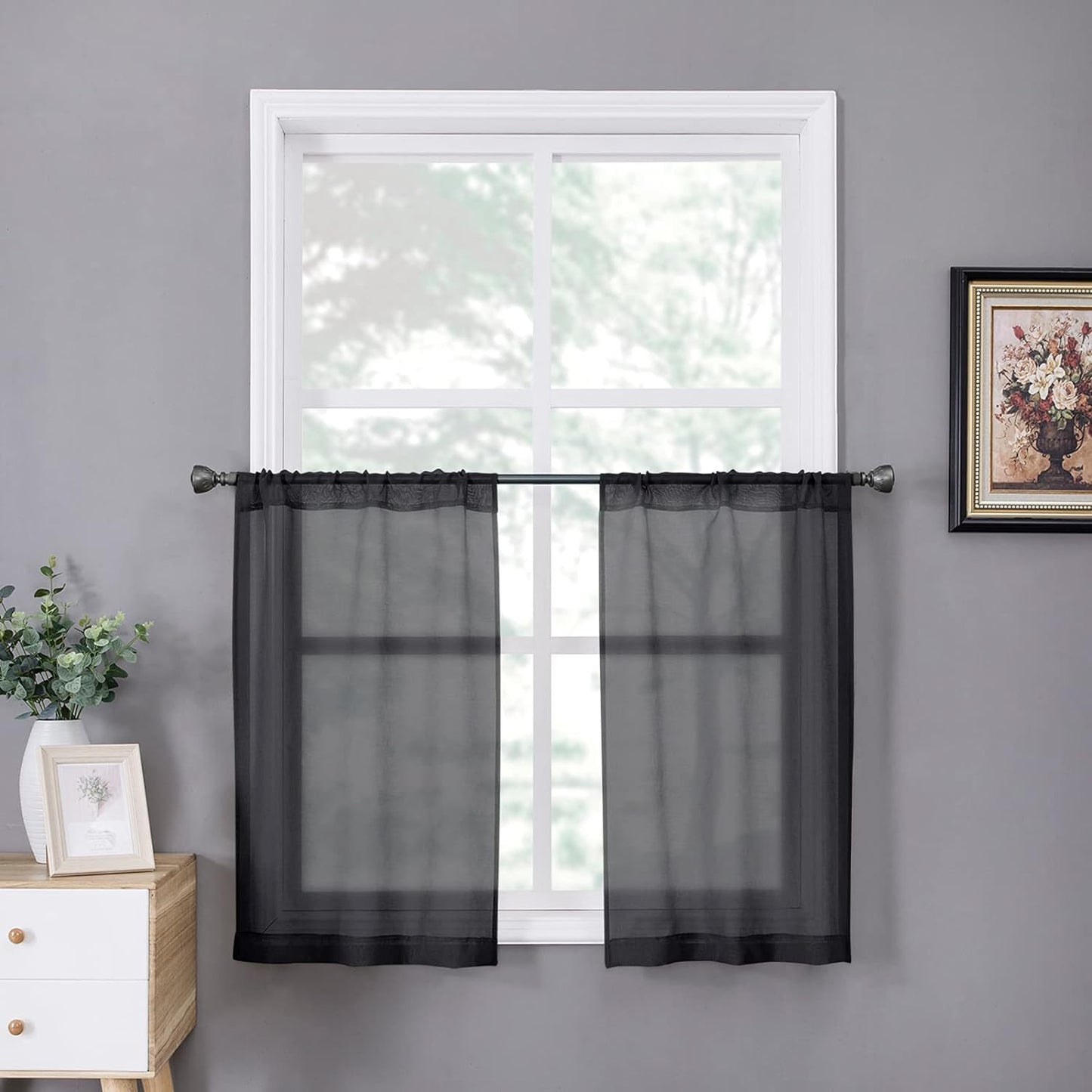Tollpiz Short Sheer Curtains Linen Textured Bedroom Curtain Sheers Light Filtering Rod Pocket Voile Curtains for Living Room, 54 X 45 Inches Long, White, Set of 2 Panels  Tollpiz Tex Black 25"W X 24"L 