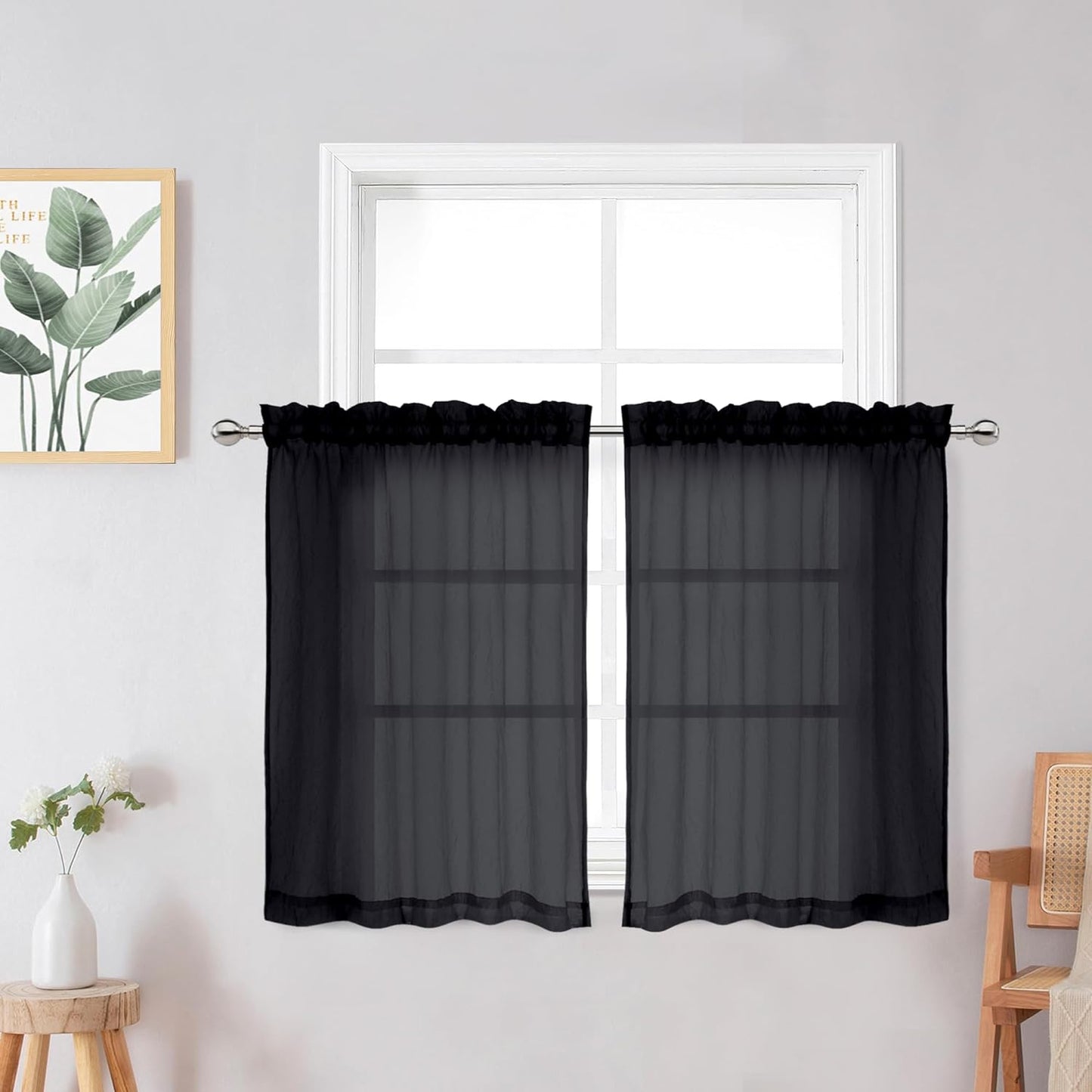Chyhomenyc Crushed White Sheer Valances for Window 14 Inch Length 2 PCS, Crinkle Voile Short Kitchen Curtains with Dual Rod Pockets，Gauzy Bedroom Curtain Valance，Each 42Wx14L Inches  Chyhomenyc Black 28 W X 24 L 
