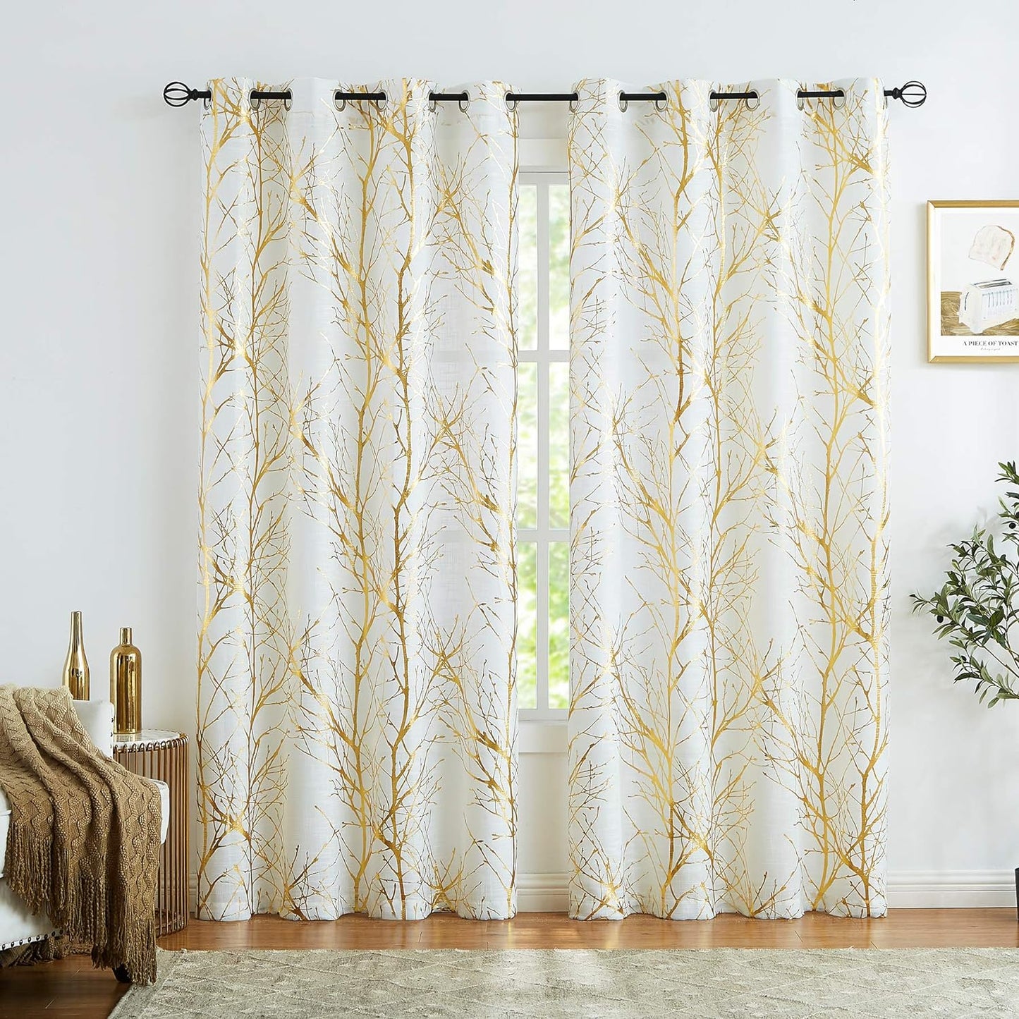 FMFUNCTEX Blue White Curtains for Kitchen Living Room 72“ Grey Tree Branches Print Curtain Set for Small Windows Linen Textured Semi-Sheer Drapes for Bedroom Grommet Top, 2 Panels  Fmfunctex Semi-Sheer: White + Foil Gold 50" X 96" |2Pcs 