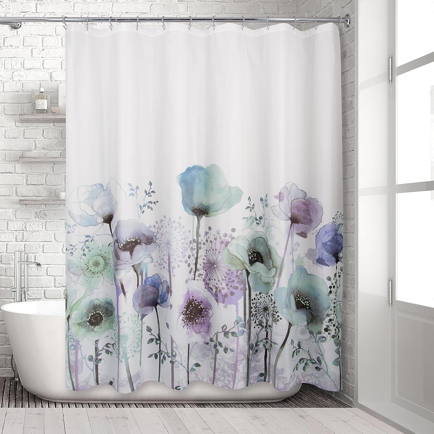 Allure Home Creation Poppies Watercolor Polyester Microfiber Fabric Printed Shower Curtain 70"X72"-Blue/Green/Purple