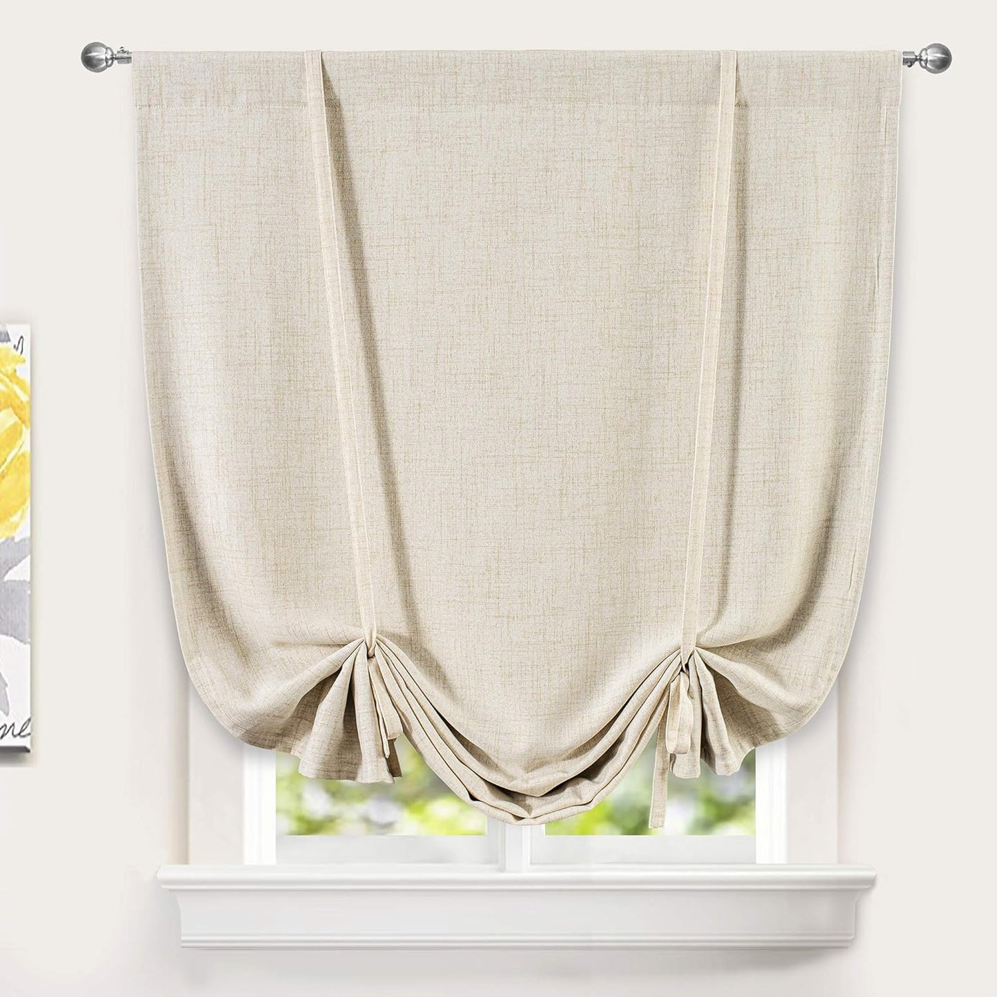 Driftaway Blackout Linen Textured Solid Basic Room Darkening Thermal Insulated Tie up Adjustable Balloon Rod Pocket Linen Curtains for Small Window 25 Inch by 47 Inch Light Linen  DriftAway Beige 45"X63" 