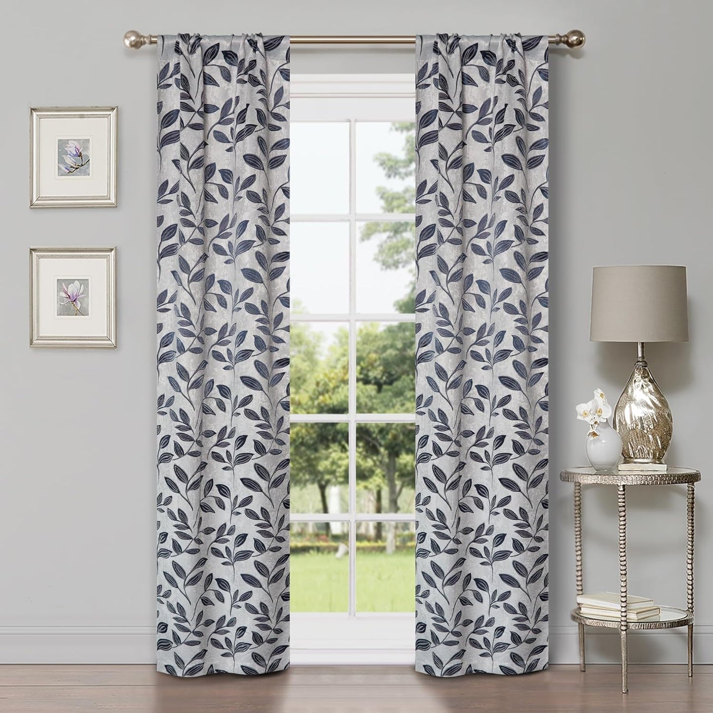 Superior Blackout Curtains, Room Darkening Window Accent for Bedroom, Sun Blocking, Thermal, Modern Bohemian Curtains, Leaves Collection, Set of 2 Panels, Rod Pocket - 52 in X 63 In, Nickel Black  Home City Inc. White-Navy Blue 26 In X 84 In (W X L) 