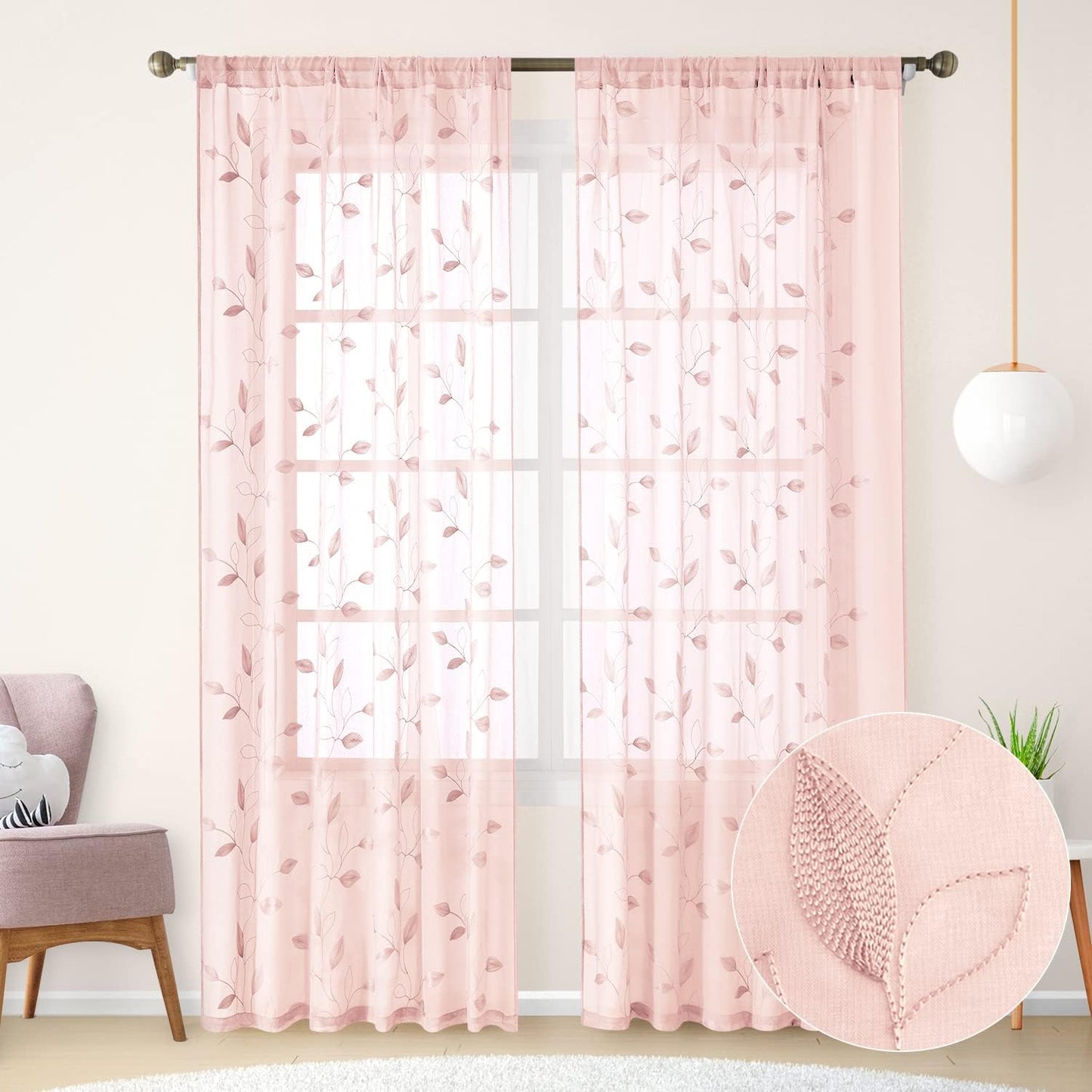 HOMEIDEAS Sage Green Sheer Curtains 52 X 63 Inches Length 2 Panels Embroidered Leaf Pattern Pocket Faux Linen Floral Semi Sheer Voile Window Curtains/Drapes for Bedroom Living Room  HOMEIDEAS 6-Blush Pink W52" X L84" 