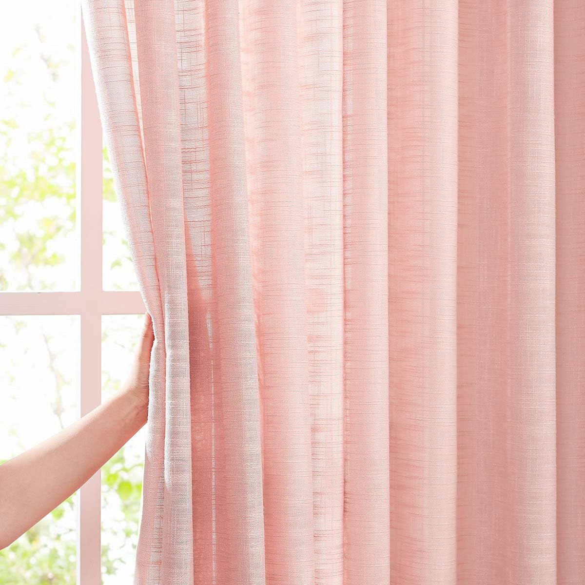 FMFUNCTEX Grey Semi-Sheer Curtains for Living Room Rich Linen Textured Rod Pocket Window Curtain Draperies for Guest Room Not See through 52”W X63”L Set of 2  Fmfunctex Coral/ Blush Pink 52" X 63" 2Pcs 