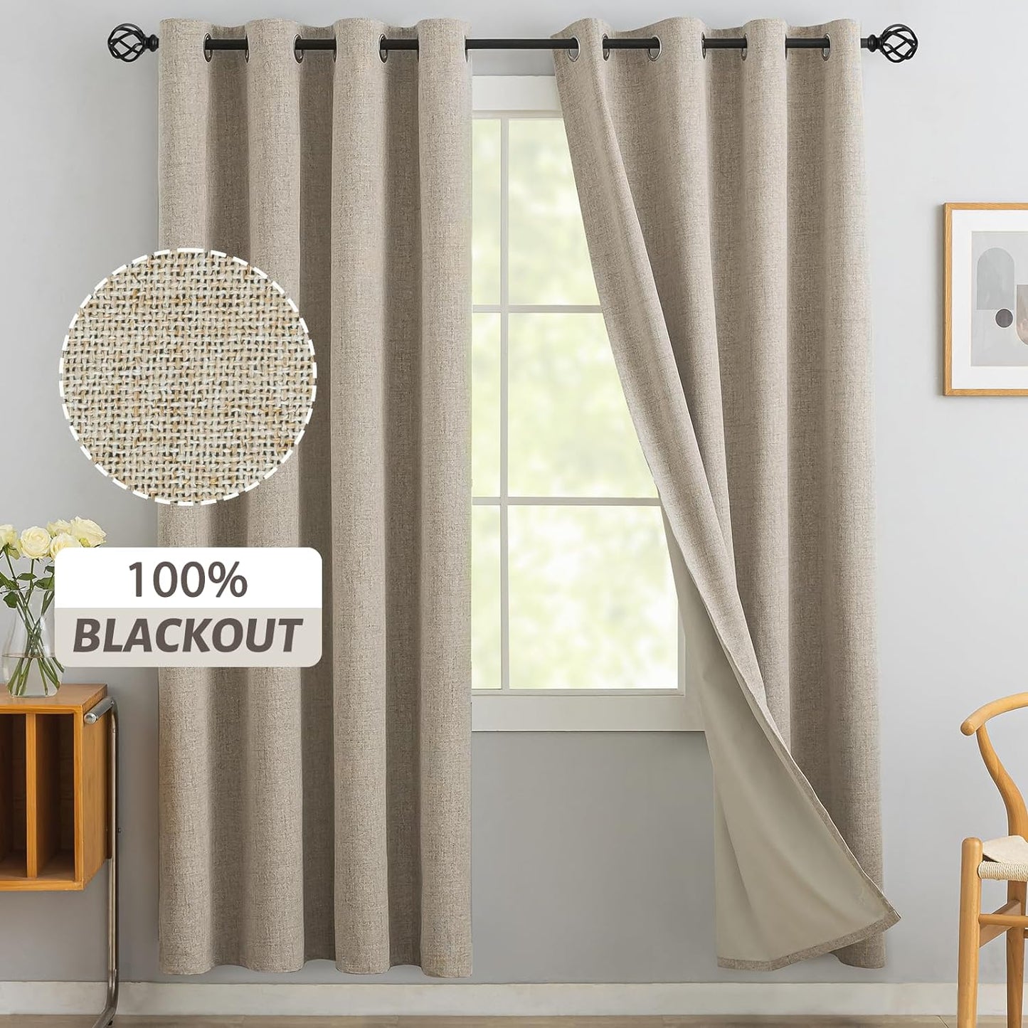 Yakamok Natural Linen Curtains 100% Blackout 84 Inches Long,Room Darkening Textured Curtains for Living Room Thermal Grommet Bedroom Curtains 2 Panels with Greyish White Liner  Yakamok Natural Linen 52W X 72L / 2 Panels 