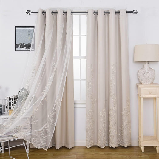 GYROHOME Double Layered Curtains with Embroidered White Sheer Tulle, Mix and Match Curtains Room Darkening Grommet Top Thermal Insulated Drapes,2Panels,52X84Inch,Beige  GYROHOME Beige 52Wx63Lx2 